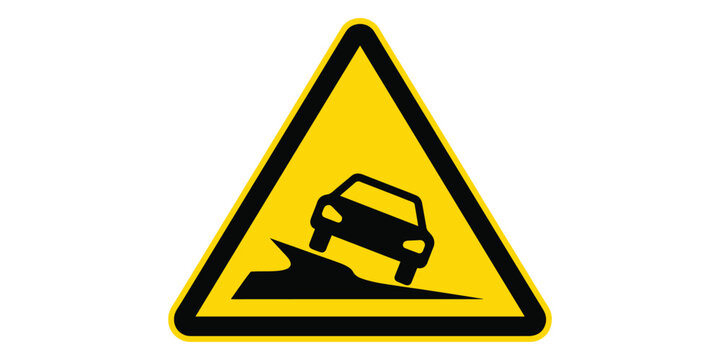 Yellow road sign warning of a slippery road ahead with a car