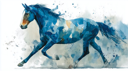 An ethereal blue horse, depicted in a dynamic watercolor style with splashes of paint, gallops gracefully across a white background.