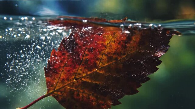 Autumn leaf floating on water surface, close-up, slow motion, natural light, bokeh background