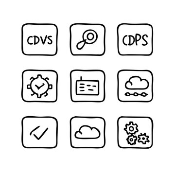 Hand-drawn icon set for data, cloud computing, and system management concepts