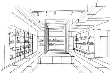 Fototapeta premium electronic equipment store sketch drawing,computer and gadget shop. ,Modern design,vector,2d illustration