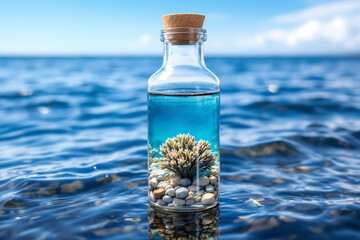 Obraz premium Coral in Glass Bottle by the Sea - Marine Life and Conservation