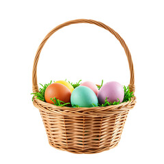 Obraz premium Colorful Eggs in a Woven Basket for Easter Celebration in a Bright Setting
