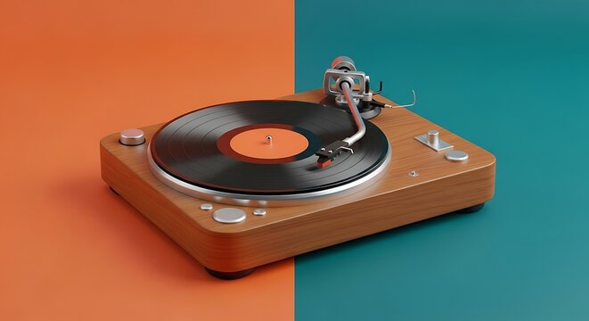 Vintage Record Player on Orange Teal Background.