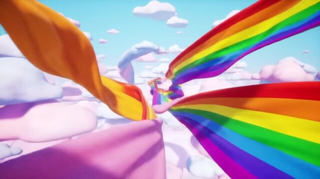 Colorful ribbons flowing in a dreamy sky with fluffy clouds