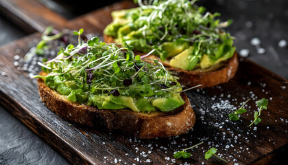 Delicious avocado toast with fresh microgreens on dark wooden board sprinkled with sea salt and vibrant colors