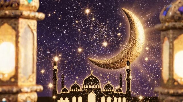 Ramadan Kareem Glowing Crescent Moon, Luxury Ramadan Greeting