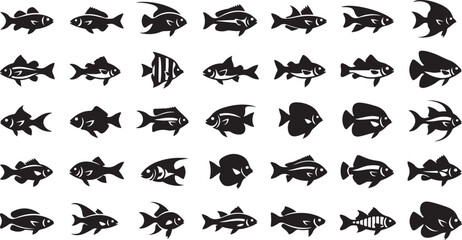 Fototapeta premium Large Collection of Black Silhouettes of Various Fish Species black and white variety