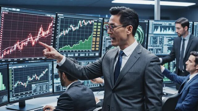 Financial trading analysis with charts and data in control room