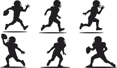 Kids American Football Silhouette Set Featuring Young Players Running Passing and Catching Ball in Dynamic Youth Sports Action Poses Isolated on White Background © Dulal Creatives
