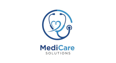 Obraz premium A logo for a healthcare company called MediCare Solutions with a stethoscope and heart design