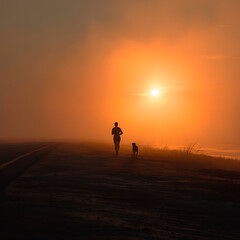 Fototapeta premium Silhouette of a runner and her dog midway along a beach road at sunrise (2)