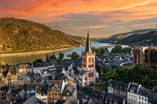 Bacharach aerial panoramic view. Bacharach is a small town in Rhine valley in Rhineland-Palatinate, Germany