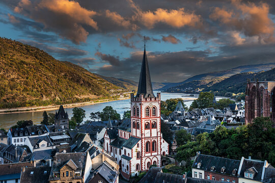 Bacharach aerial panoramic view. Bacharach is a small town in Rhine valley in Rhineland-Palatinate, Germany