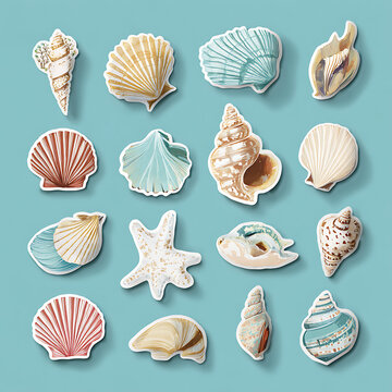 A collection of social media stickers featuring a variety of seashell designs against a turquoise background (1)