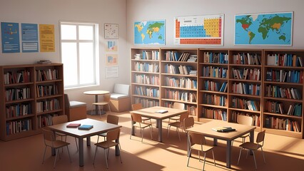 Obraz premium Bright school library interior with wooden bookshelves maps and desks cinematic photo