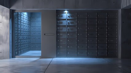 Blue lit industrial locker corridor with rows of metal mailboxes in a basement setting - cinematic moody photography