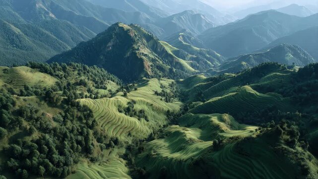 Mountain landscape with green hills and valleys under clear sky in the early morning light showing layers of hills and lush vegetation