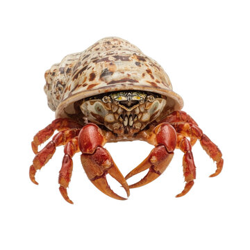 Crab Inside a Large Shell on a Plain Background Showing Its Claws and Eyes