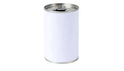 Blank white tin can with pull tab lid, isolated on a transparent background for product mockup, A cylindrical metal container with a blank white label and a silver pull-tab lid, perfect for customizat