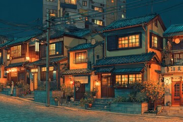 Fototapeta premium Evening glow of traditional architecture in a Tokyo neighborhood with vibrant lanterns and warm lights illuminating the streets