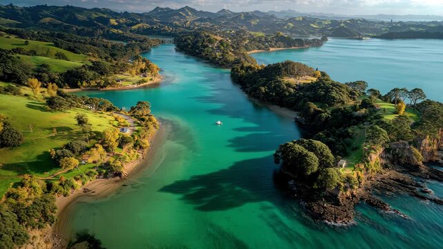 Beautiful landscape view of river and greenery at sunset over a scenic coastline in New Zealand with mountains in the background and water reflections
