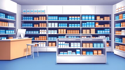 3D render of a modern pharmacy interior with organized shelves, a checkout counter, and computer workstation in a clean clinical setting