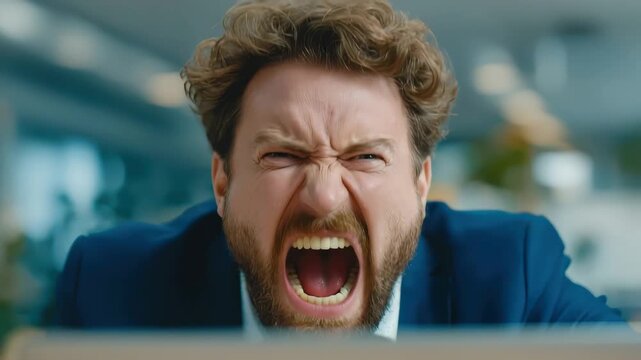 Man shows different emotions while working in an office setting during the day, expressing frustration and anger at his computer screen in four frames