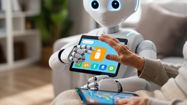 Friendly humanoid robot interacting with digital tablet