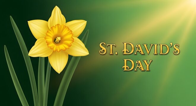 Happy st david's day wales celebration with yellow daffodils and green background