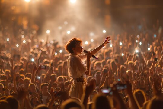 Crowd of fans mesmerized by pop singer performing on stage during an energetic concert at an outdoor venue in the evening