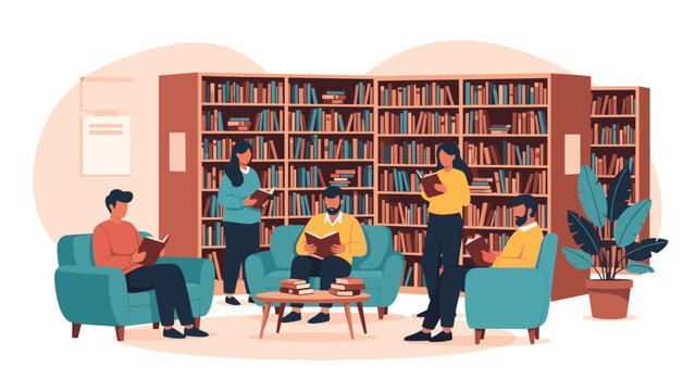 Group of diverse students and avid readers sit comfortably in a modern library lounge, surrounded by massive bookshelves filled with knowledge.