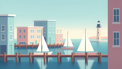 Fototapeta premium Pastel seaside harbor scene with sailboats and lighthouse in flat vector illustration, sunny tranquil mood