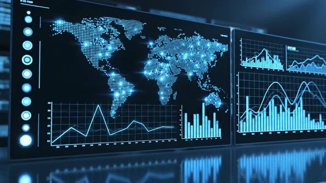 Global data visualization with line charts and world map on a blue screen