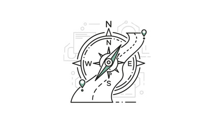 Animated illustration of a compass with a road or path laid over it, symbolizing a journey, roadmap, strategic planning, or navigation.