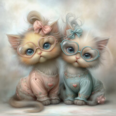 Fototapeta premium Two cute cats wearing heart-shaped glasses.