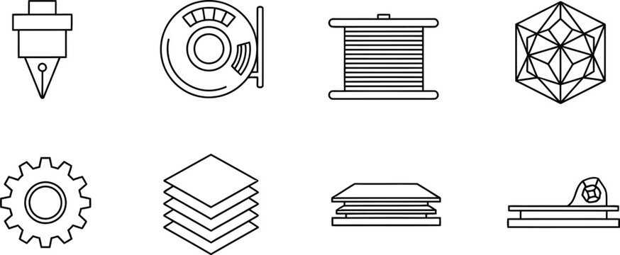 Set of 3d printing industry icons including filament and extruder