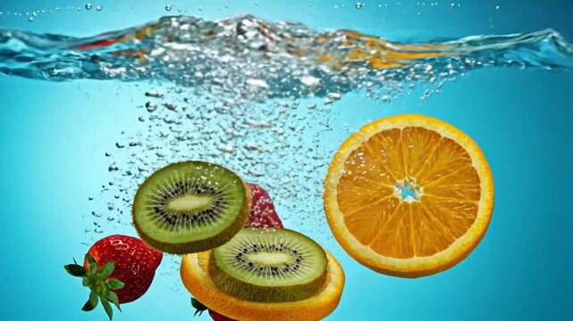 Fresh fruit splashing in water against a vibrant background for healthy eating