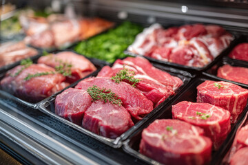 Fresh cuts of red meat displayed in a refrigerated case, showcasing various types of beef with herbs, surrounded by vibrant green vegetables, emphasizing quality and freshness in food presentation