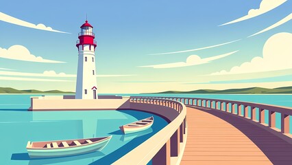 Bright vector illustration of a lighthouse on a curved boardwalk by a turquoise sea under a clear blue sky