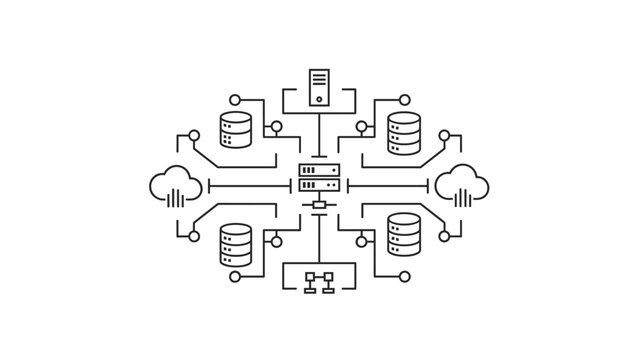 Animated line art diagram of a complex IT infrastructure with servers, databases, and cloud computing connected in a distributed network.
