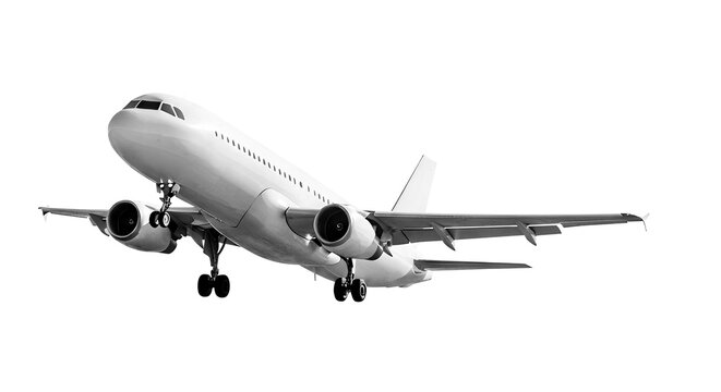 Commercial Airplane Taking Off Side View, White Passenger Jet Aircraft Flying in the Air, Aviation Transport and Aerospace Industry, Isolated on a Transparent Background.