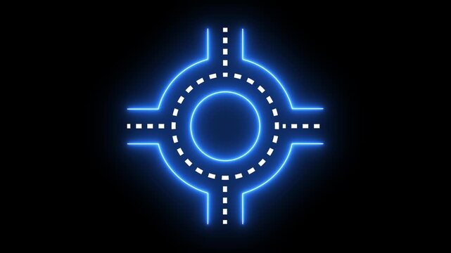 glowing neon road junction icon isolated on black background. intersection road thin line. sharp bend road sign icon animation. Traffic warning symbol. Movement within a roundabout in traffic.
