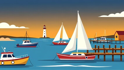Naklejka premium Harbor scene with sailboats, lighthouse and pier at sunset in a colorful vector illustration