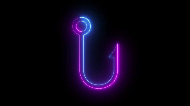 Glowing neon Fishing hook icon isolated on black background. Fishing tackle. Concept of fishing hooks being lowered into the sea. 4k video animation.