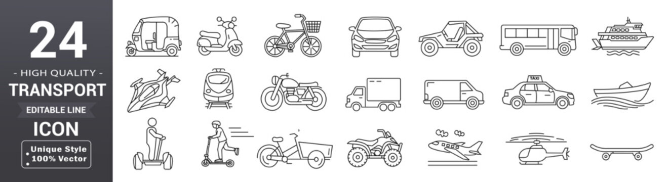 Transport line icons including editable outline car, bike, plane, train, bicycle, motorbike, bus and scooter  and more collection. Vector illustration