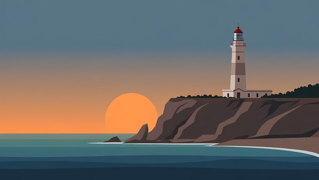 Lighthouse on rocky coast at sunset over calm ocean - serene flat vector illustration