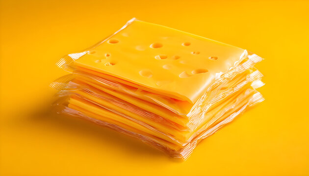 Sliced Yellow Cheese in Sealed Packaging on Bright Yellow Background for Food and Culinary Concepts