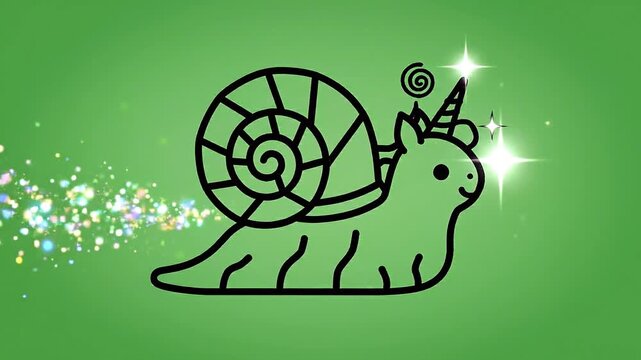Cartoon unicorn snail character outline with sparkling magic particles on green background clip