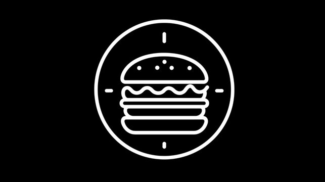 A white line icon illustration of a layered burger inside a circle with dashes